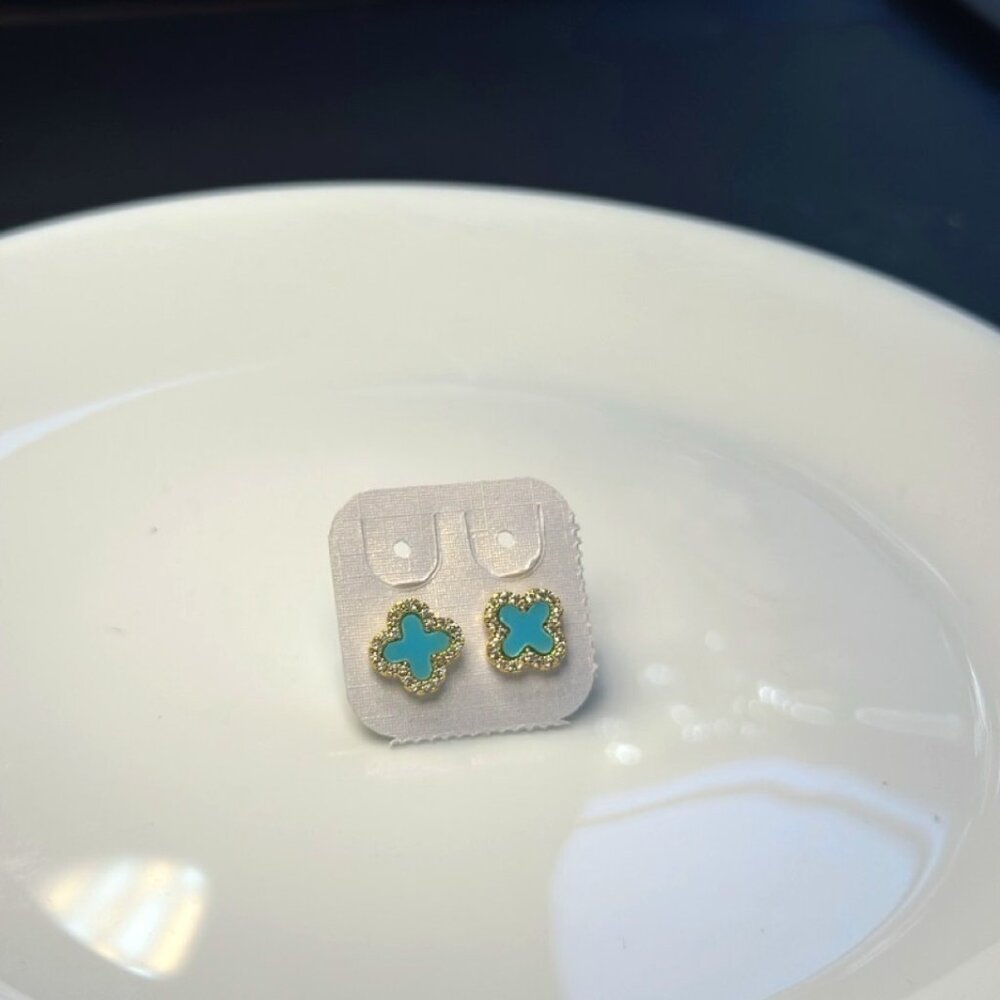 Azure Clover Studs: Turquoise Enamel & Gold Beaded Earrings